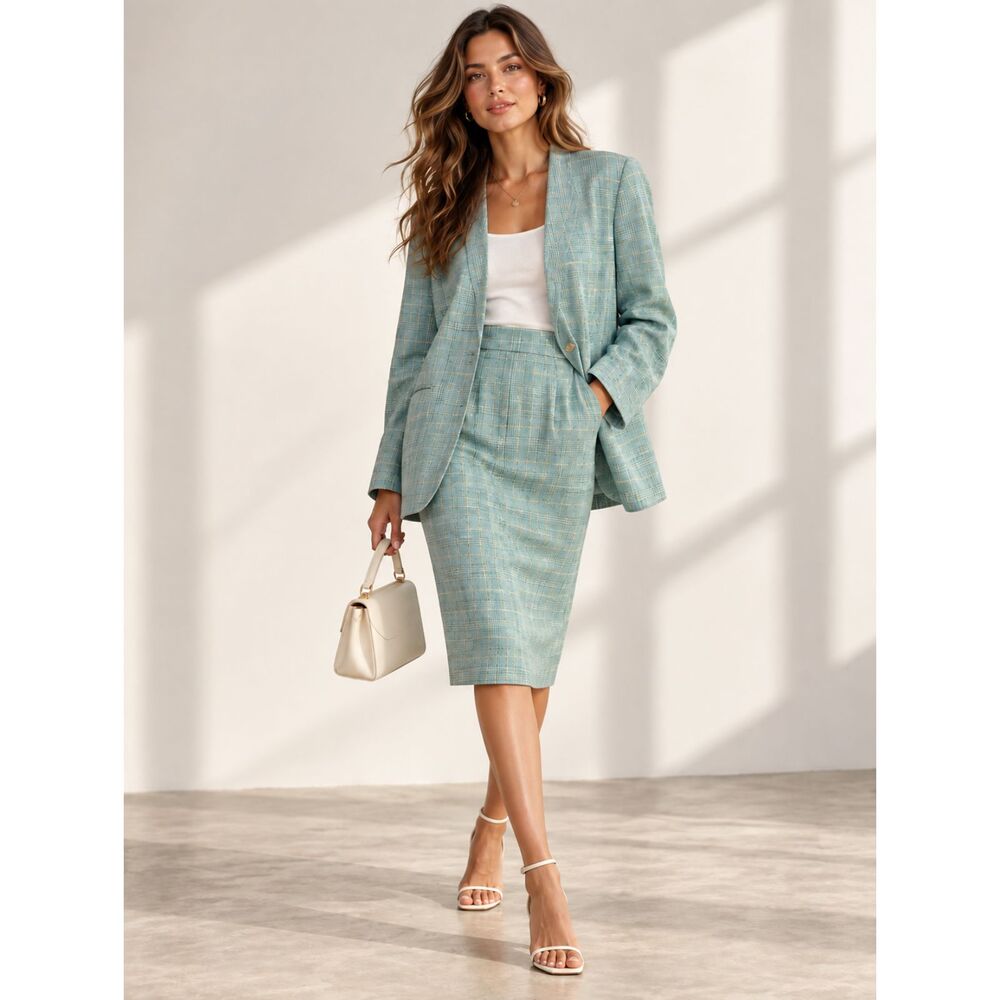 Vintage 80s Aqua Plaid Skirt Suit Set Women’s 14 Wool Blend Blazer Midi Skirt